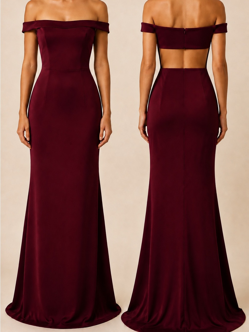 Faviana Off-Shoulder Burgundy Open-Back Evening Gown